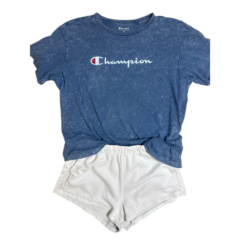 Champion Blue Acid Wash Logo Tee Size Large + Cream Shorts Bundle